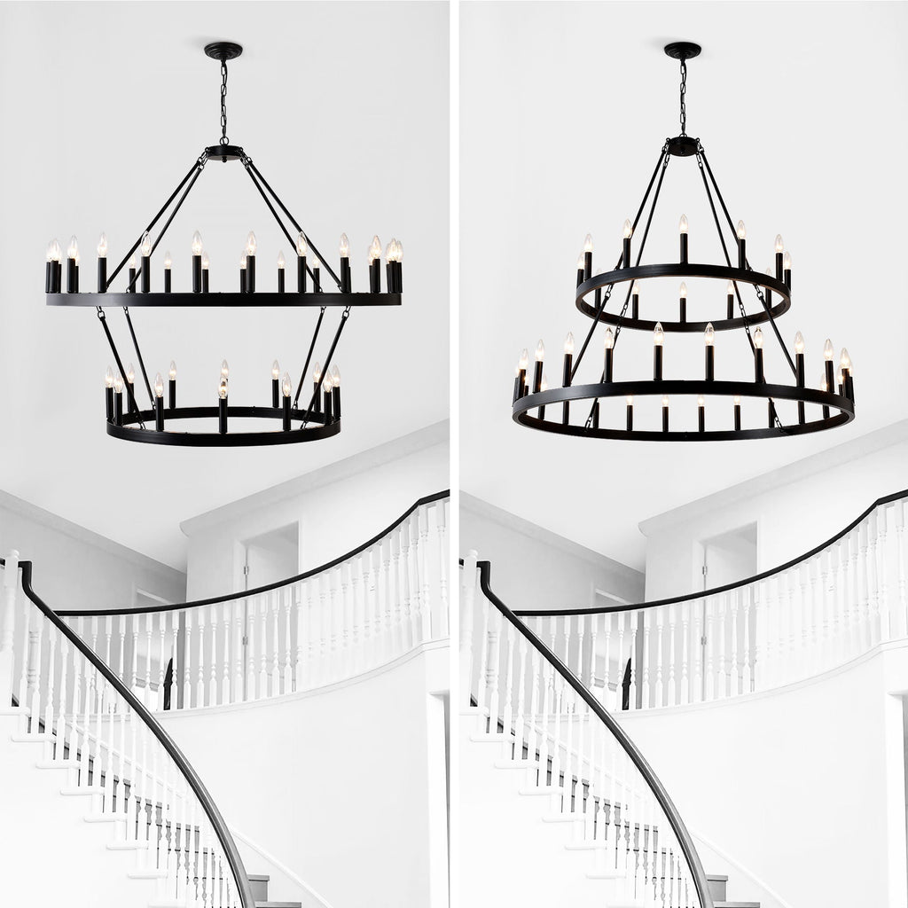 2 Tiers Wagon Wheel Chandelier Wooden Farmhouse 36 Light (24 / 12) Or (12 / 24) Metal Chandeliers 2 Story Light Fixtures Industrial For High Ceiling Living Dining Room Foyer, Adjustable Height - Black