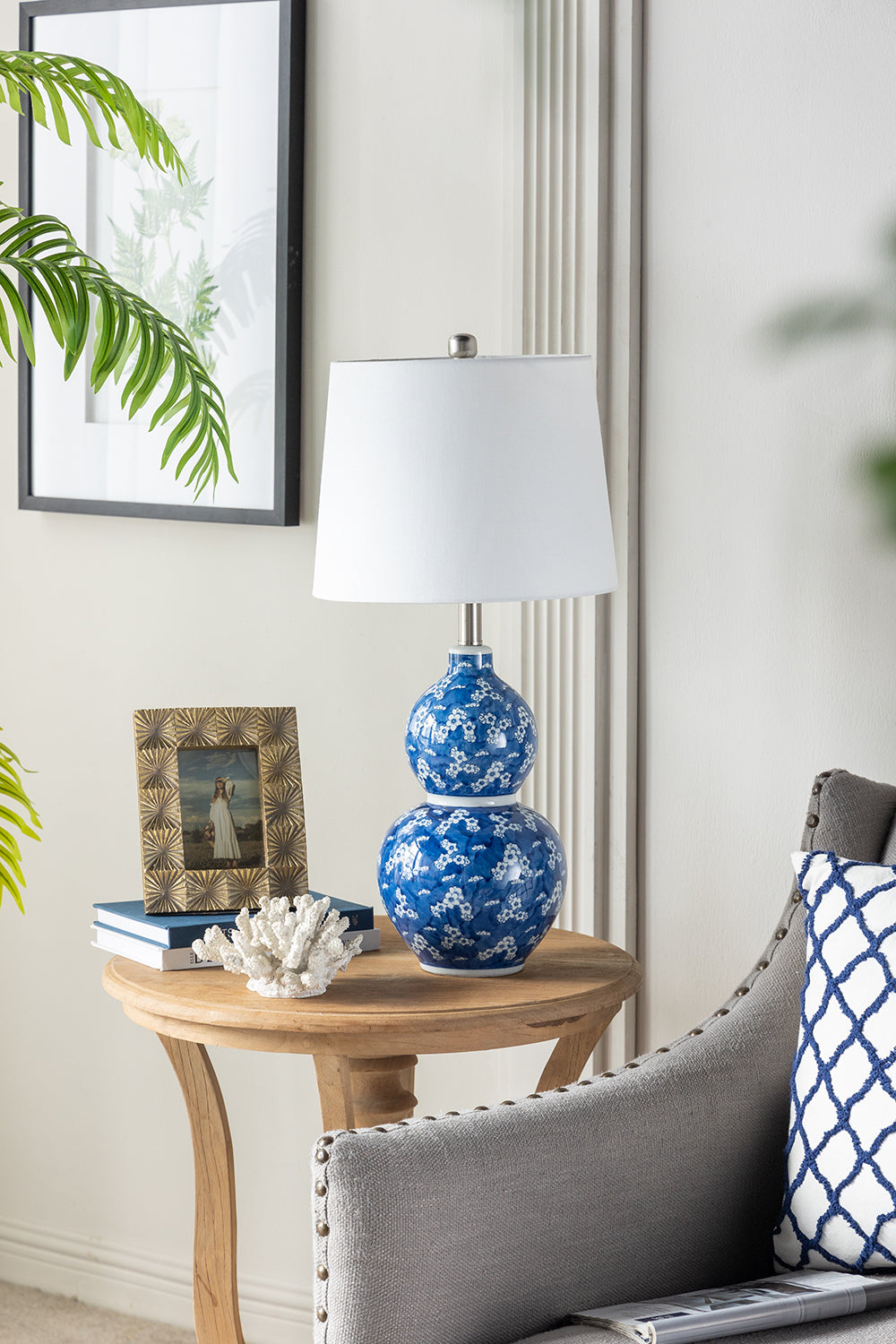 D13x25.7' Blue and White Round Two-Tiered Ceramic Vase Lamp