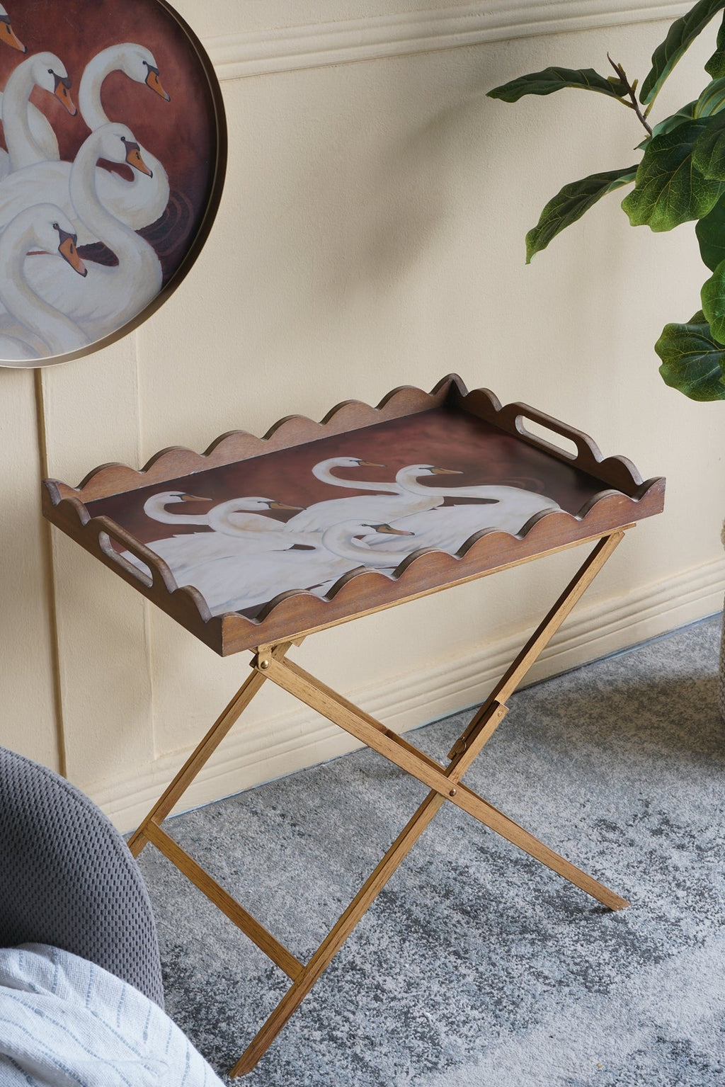 23.5x15.5x24 Brown MDF Tray Table with White Swan Motif and Iron Base