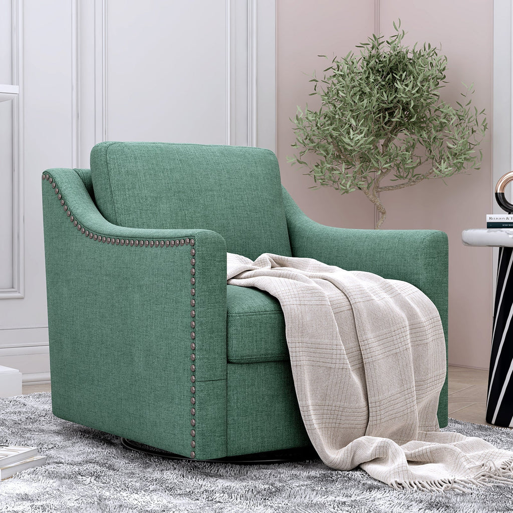 360 Degree Swivel Armchair Cotton Linen Fabric with Brass Nail Detailing