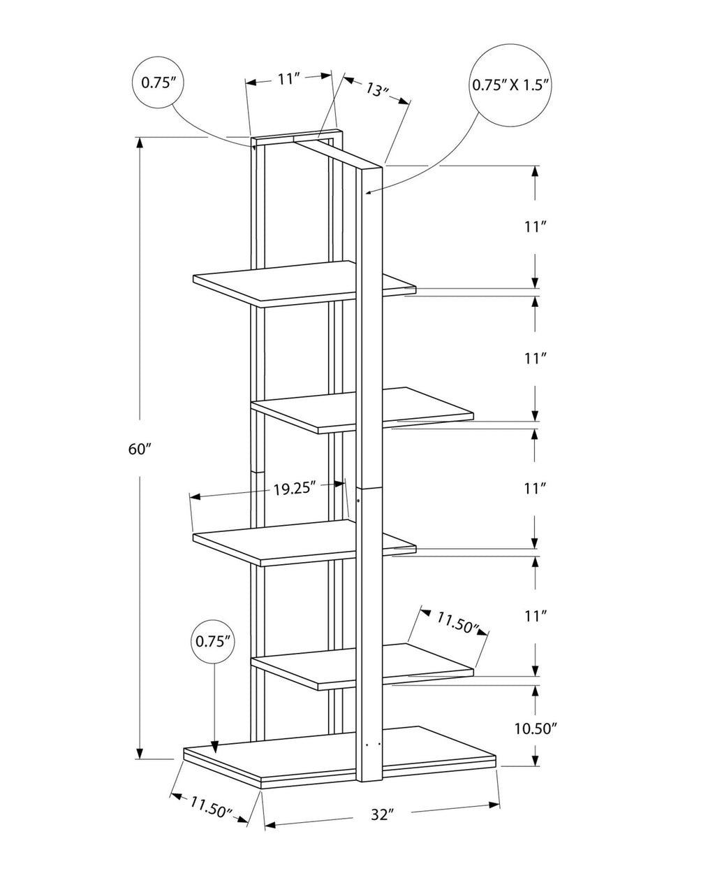 Bookshelf, Bookcase, Etagere, 5 Tier for Office, Contemporary & Modern