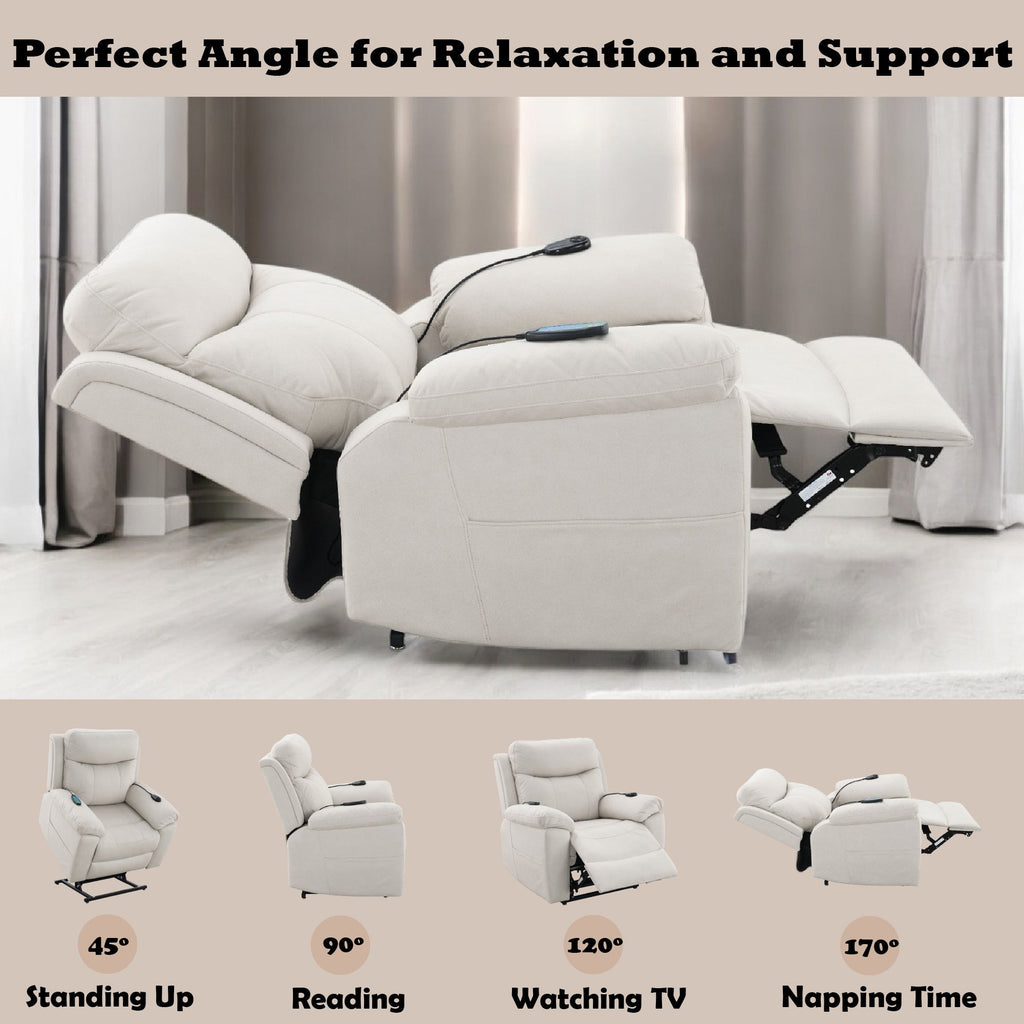 Chriki Beige Fabric Power Recliner with Lift, Heating, and Massage