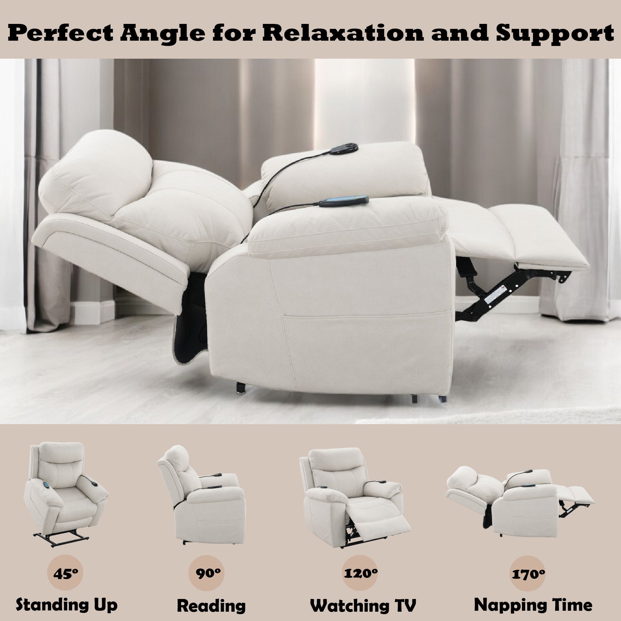 Chriki Beige Fabric Power Recliner with Lift, Heating, and Massage