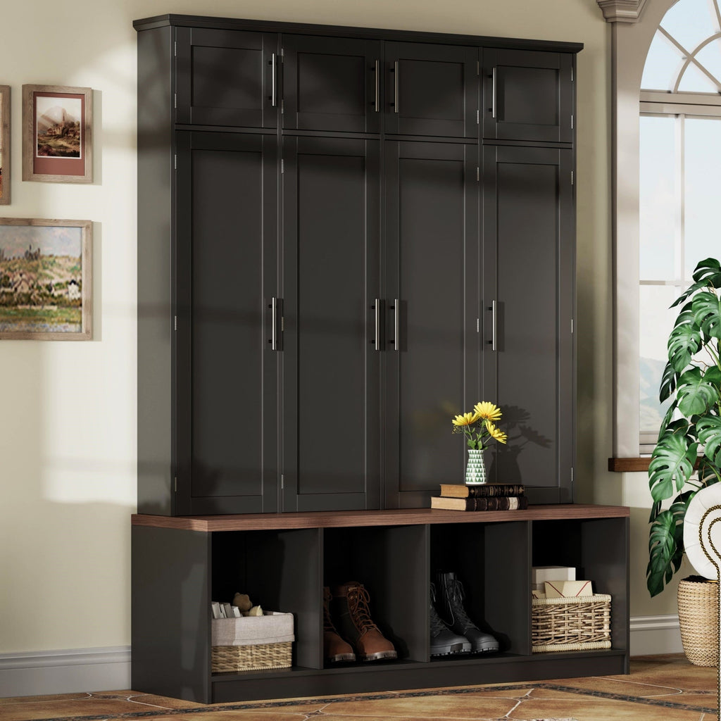 Farmhouse Hall Tree with 4 Hidden Hanging Hooks and Storage Bench