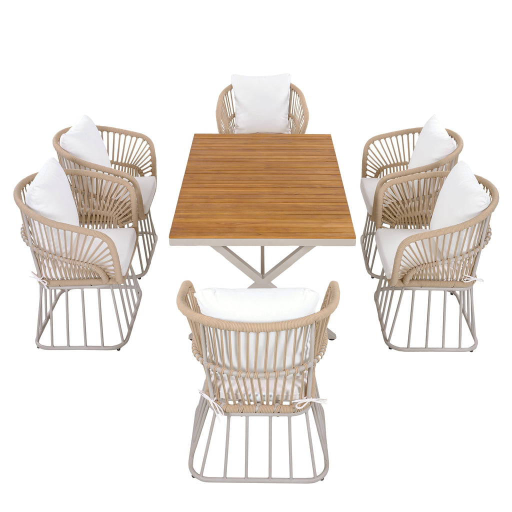 Outdoor 7-Piece Dining Set - Rectangular Teak Wood Table + 6 Wicker Chairs with Cushions