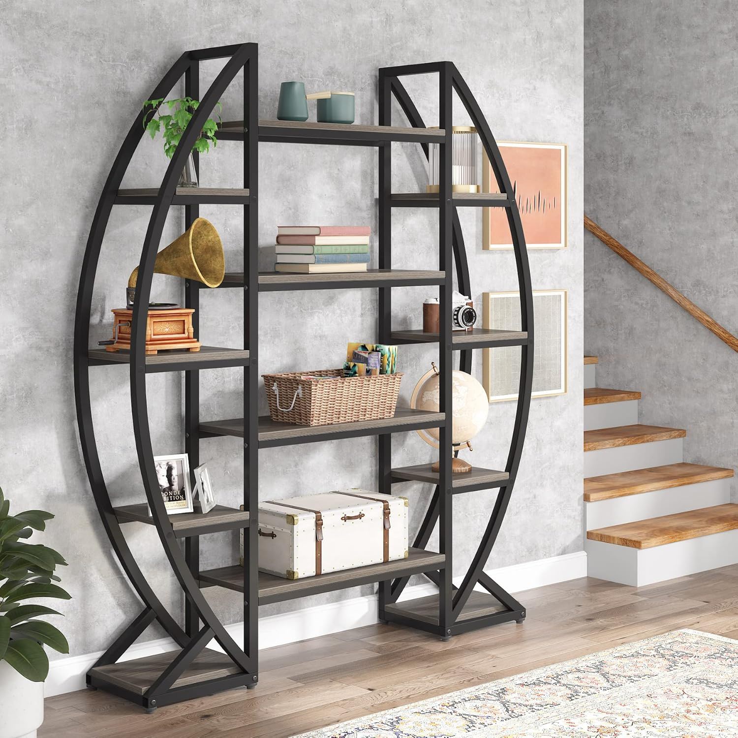 Triple Wide Oval Etagere Bookcase With Shelves For Living Room