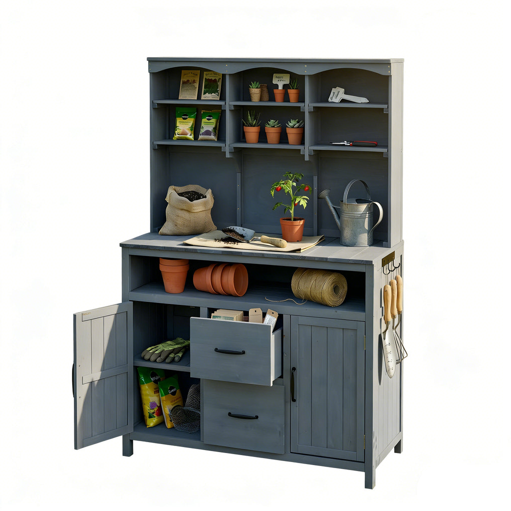 TOPMAX Large Fir Wood Potting Bench with Hutch and Storage