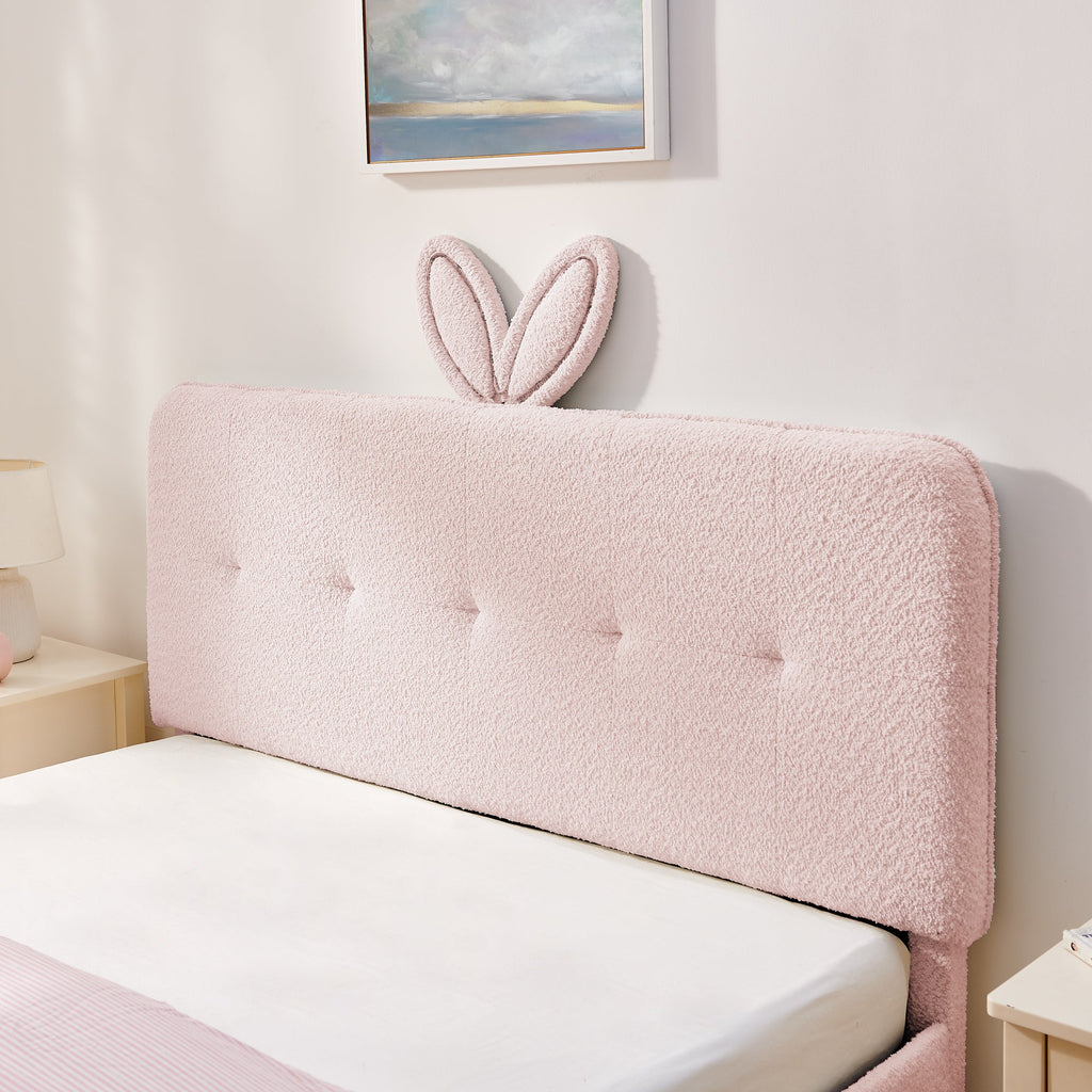 Queen Size Kids Upholstered Bed with Rabbit Ear Headboard & Storage