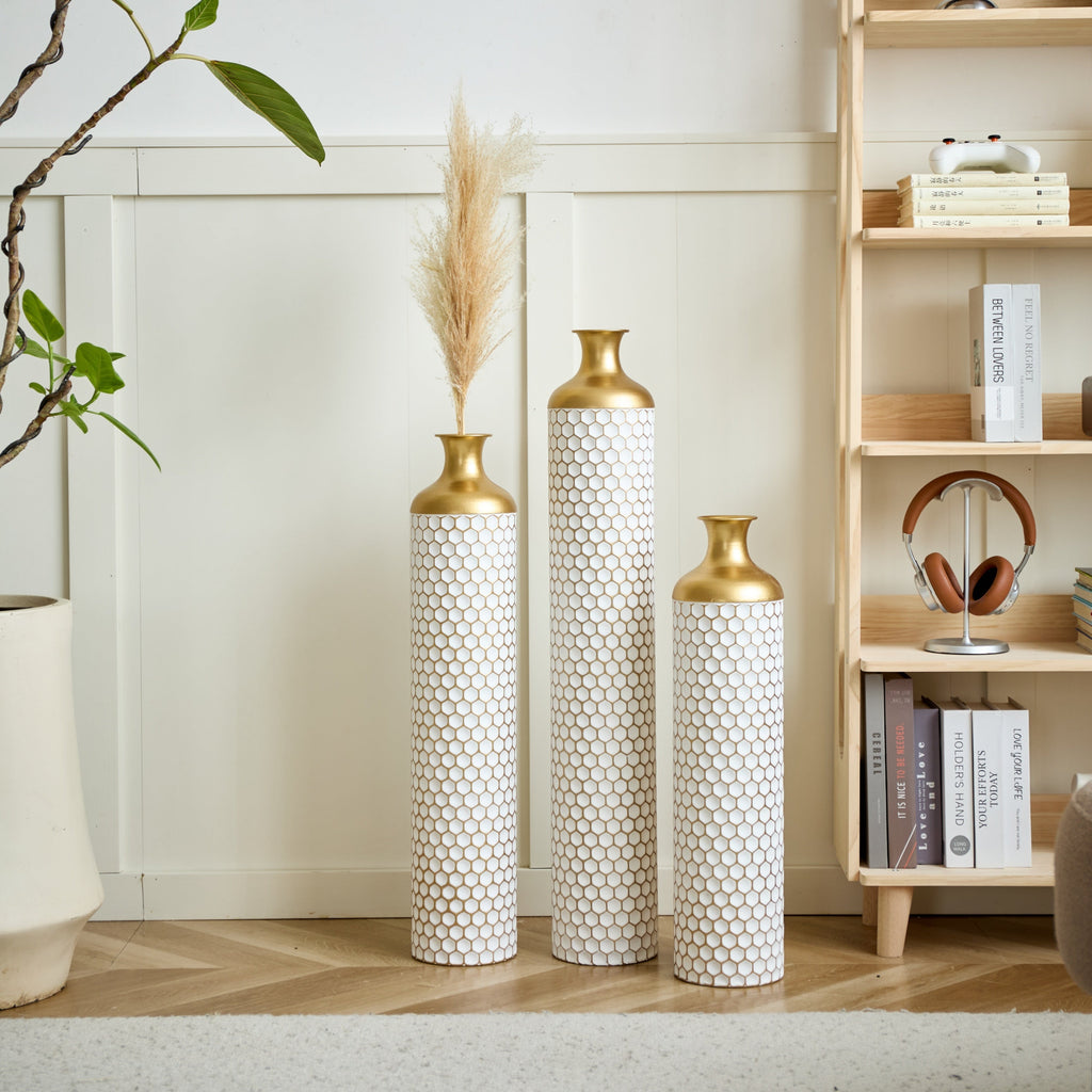 3-Piece Modern Metal Vase Set - White & Gold