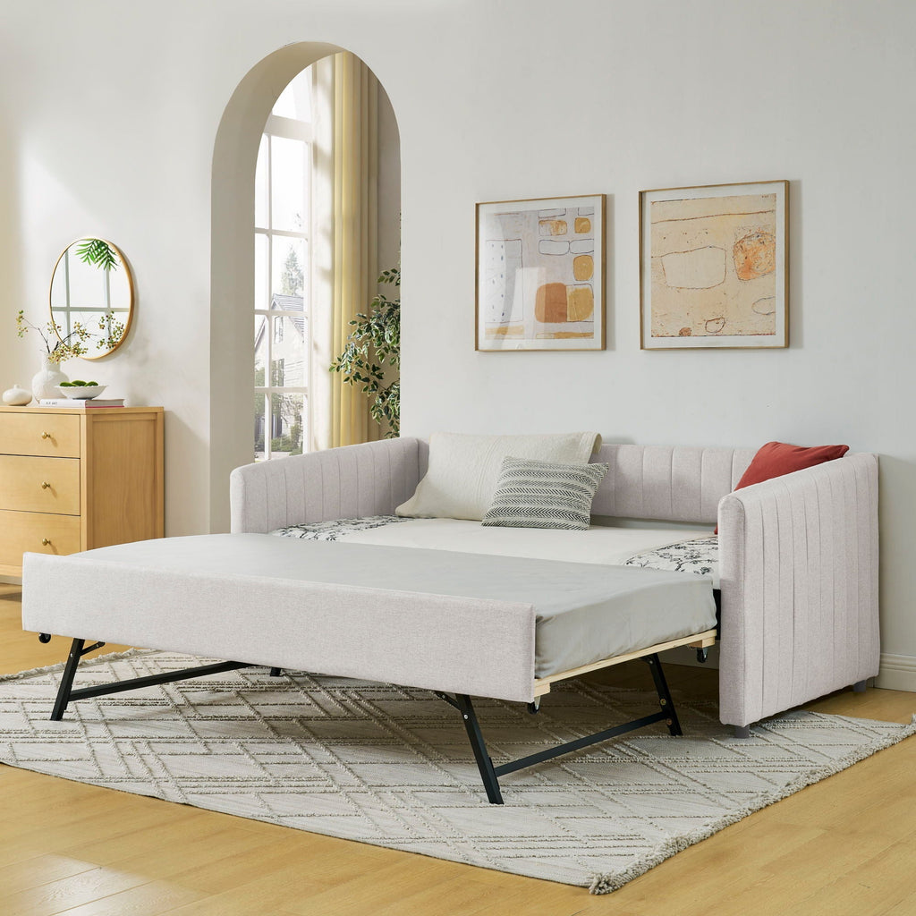 Upholstered Daybed With Trundle With Vertical Stripes
