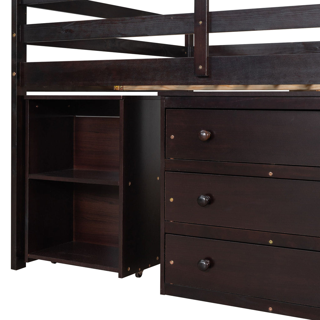 Loft Low Study Bed With Cabinet, Shelves And Rolling Portable Desk, Multiple Functions