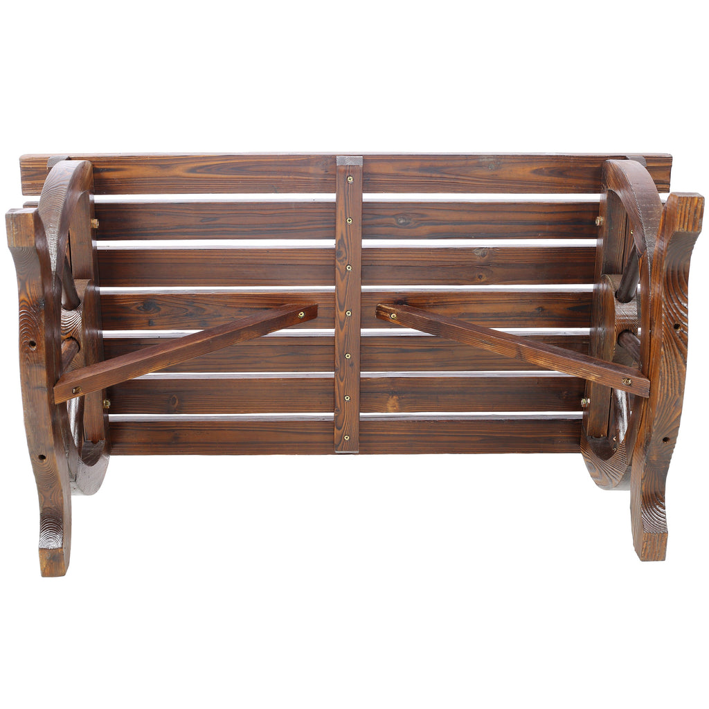 Outdoor Rustic Wooden Bench with Wagon Wheel Legs