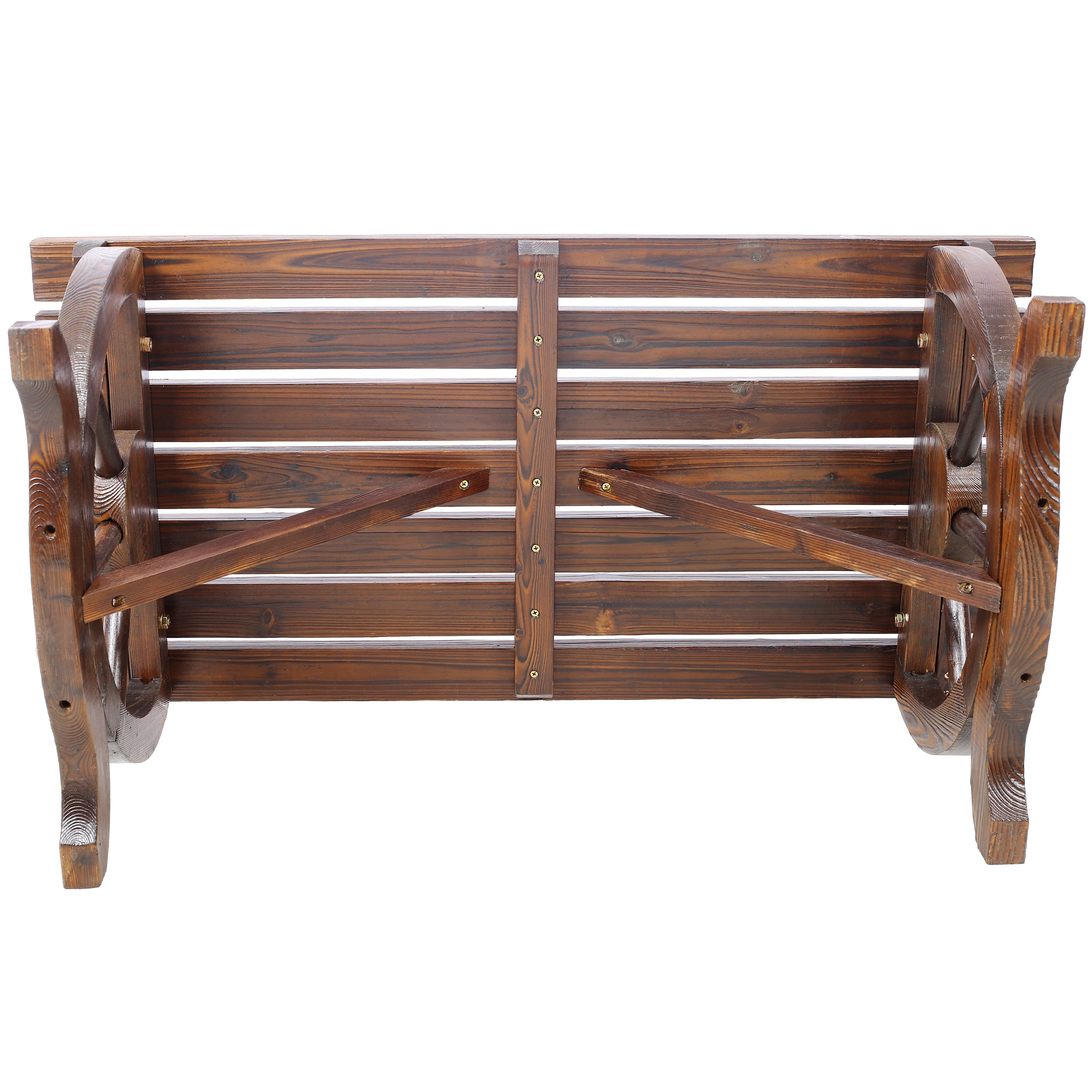 Outdoor Rustic Wooden Bench with Wagon Wheel Legs