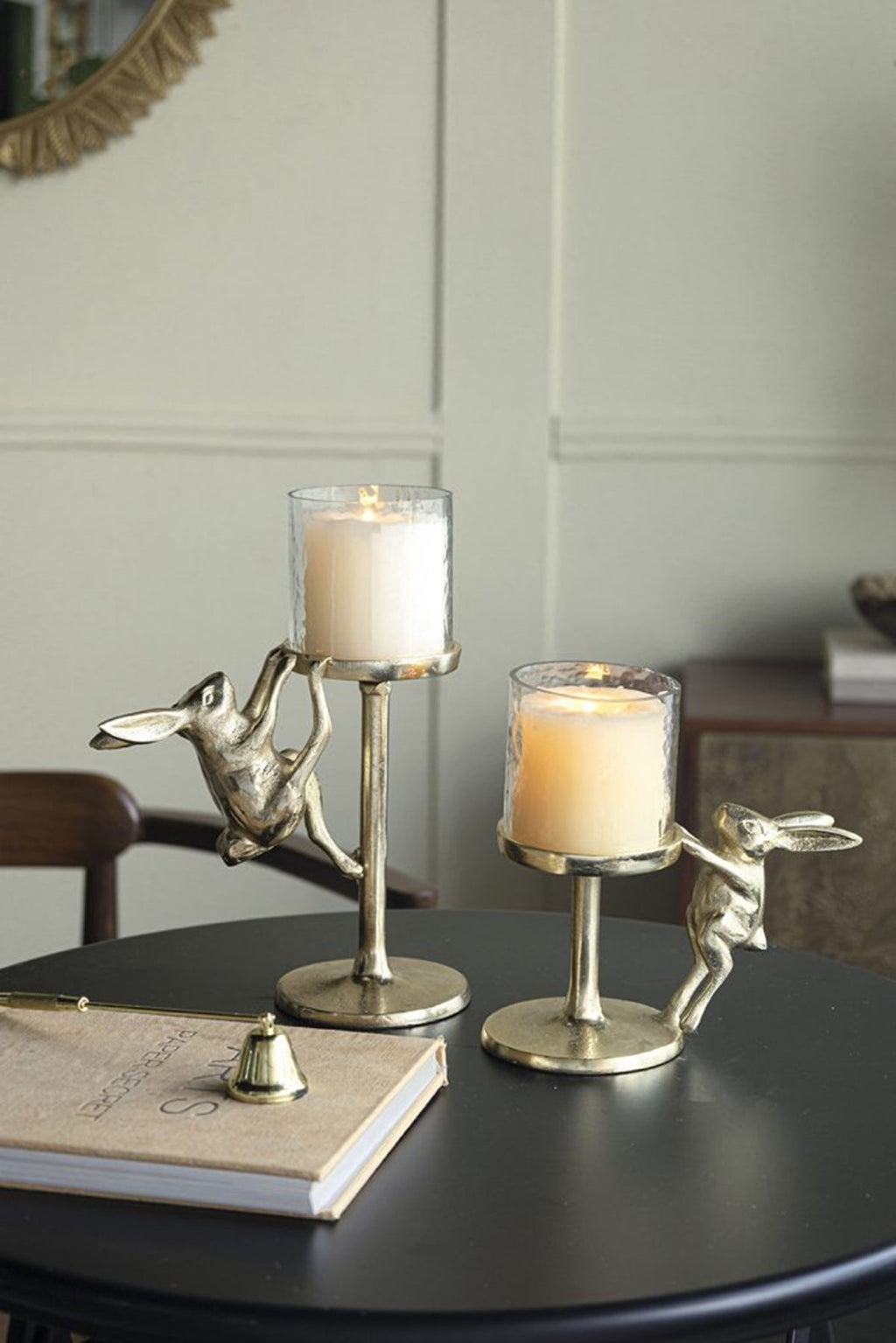 Set of 2 Gold Rabbit Pillar Candle Holders with Clear Glass Hurricane Shade