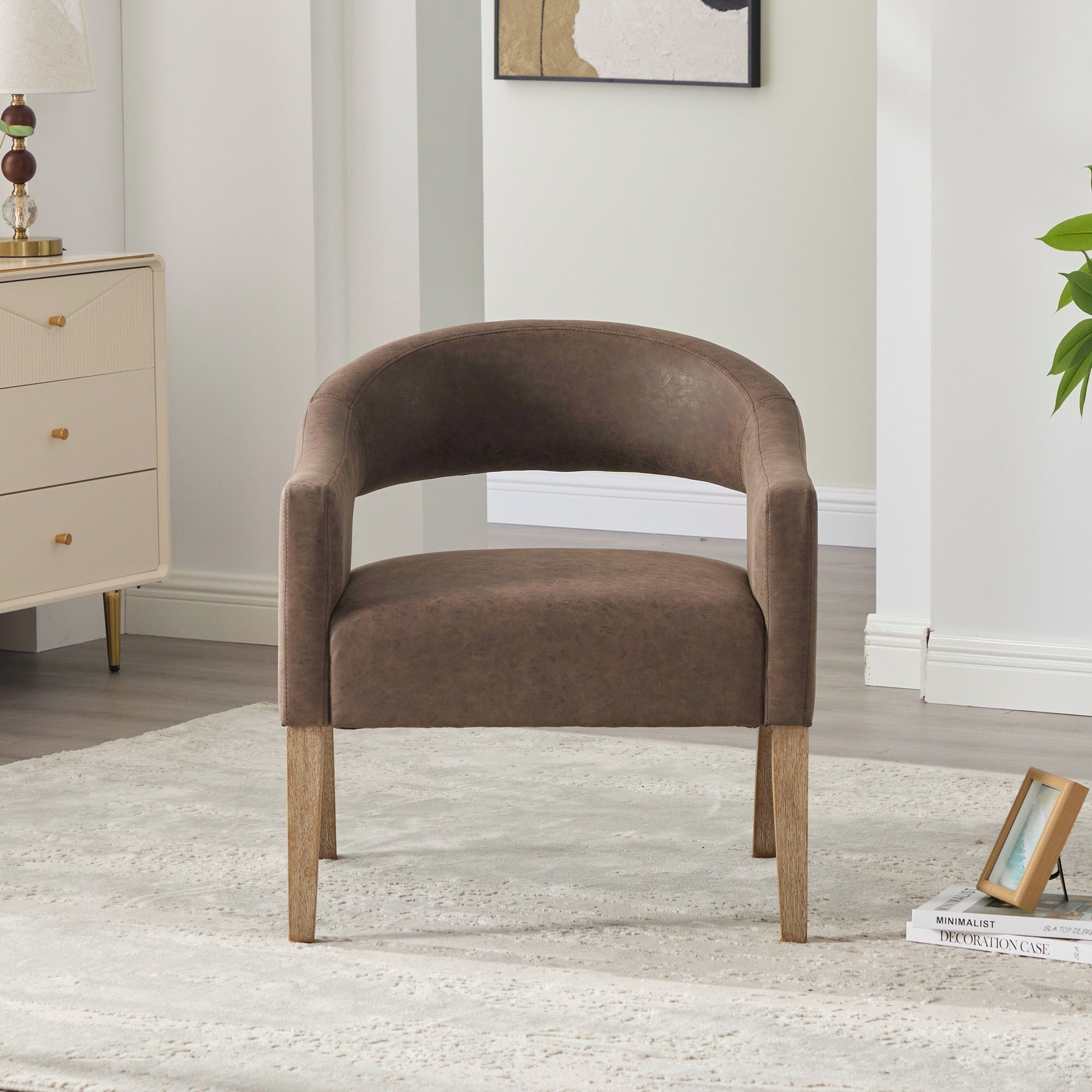 Upholstered Open Back Armchair With Weathered Rubberwood Legs