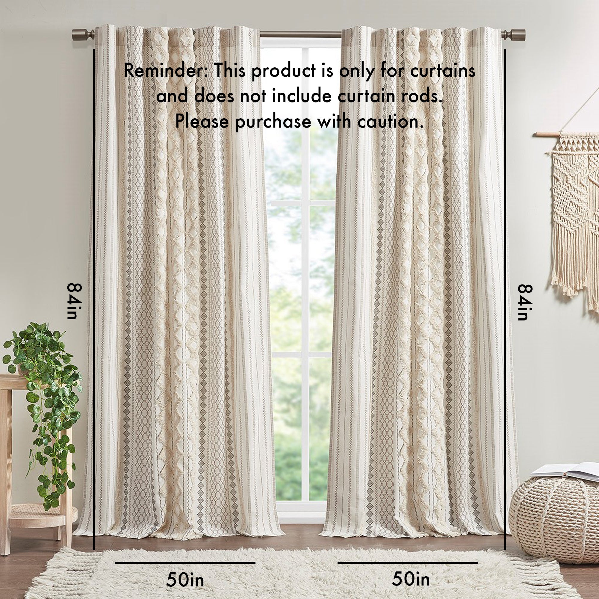 Cotton Printed Curtain Panel with Chenille Stripe and Lining Ivory 50x84