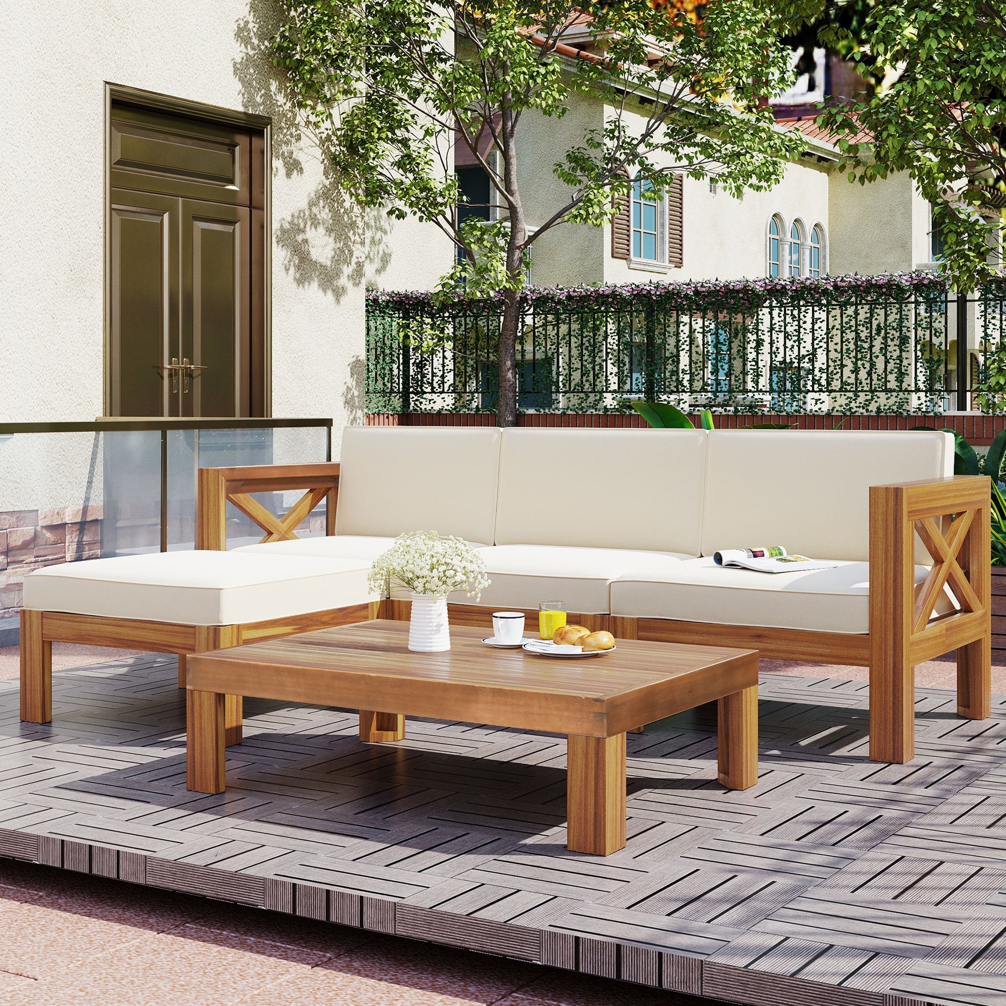 Topmax Outdoor Patio Wood 5-Piece Sectional Sofa Seating Group Set