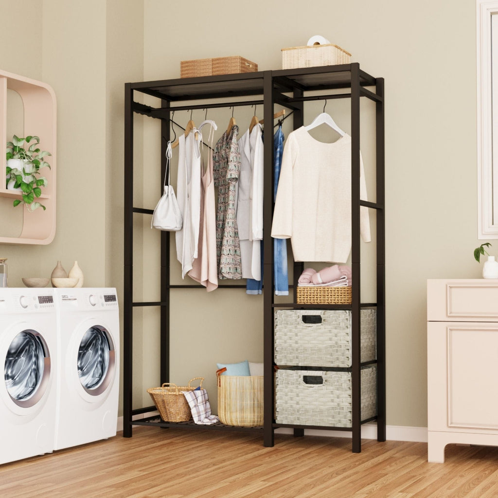 Garment Rack With Shelves, 2 Wicker Drawers, 4 Hooks Organizer