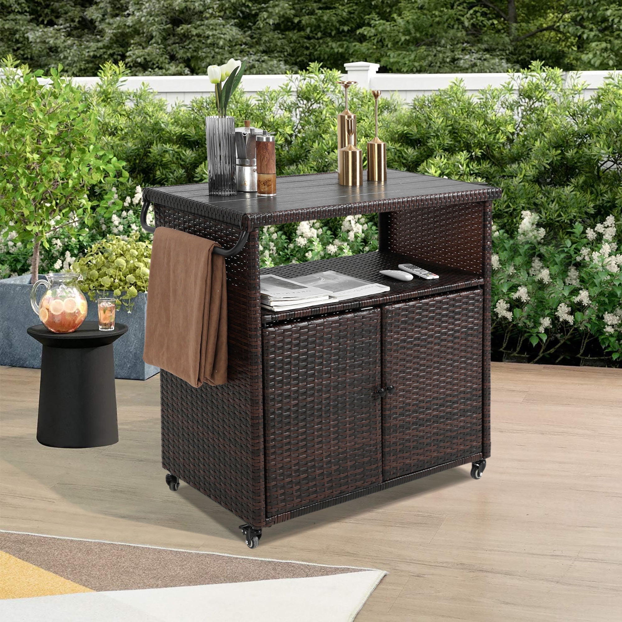 Outdoor Wicker Bar Cart with Glass Top and Wheels - Light Brown