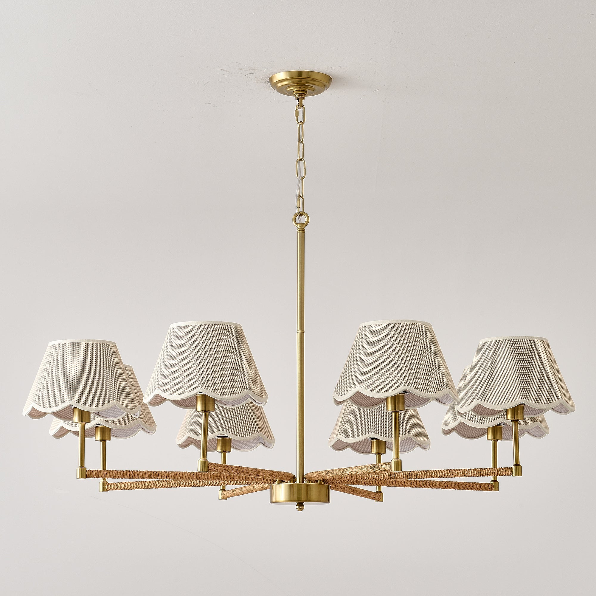 8-Light Rope and Fabric Shade Gold Chandelier