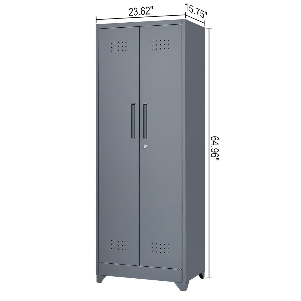 Heavy Duty Storage Cabinet With Locking Doors, Hanging Rod & Shelves, Broom Closet - Gray