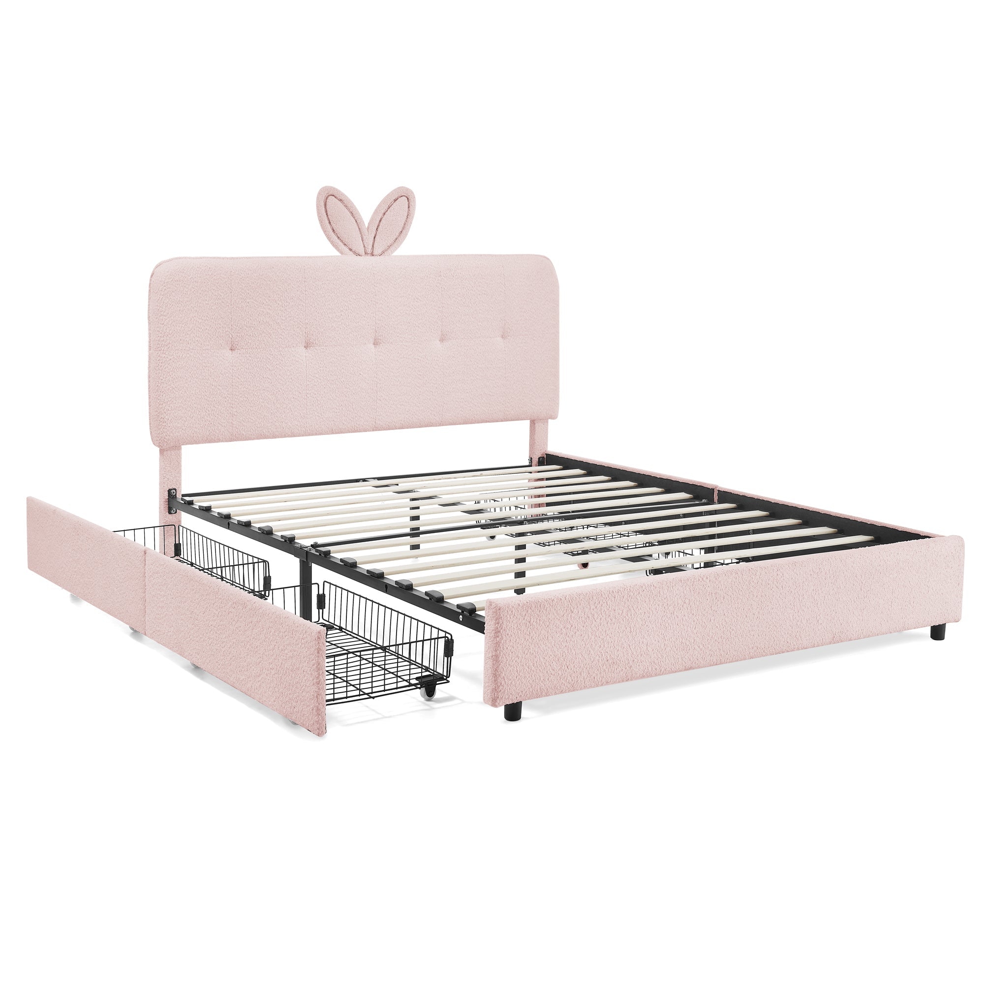 Queen Size Kids Upholstered Bed with Rabbit Ear Headboard & Storage