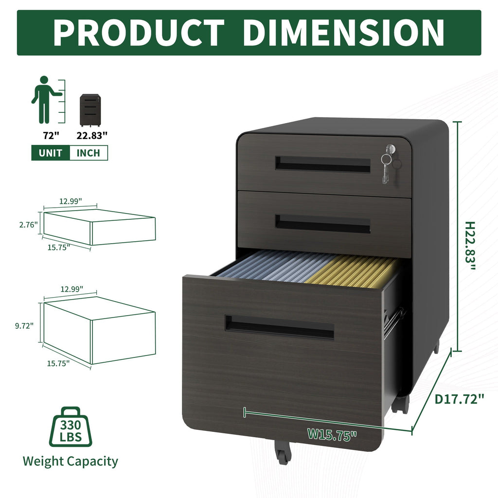 3-Drawer Mobile File Cabinet with Lock and Casters