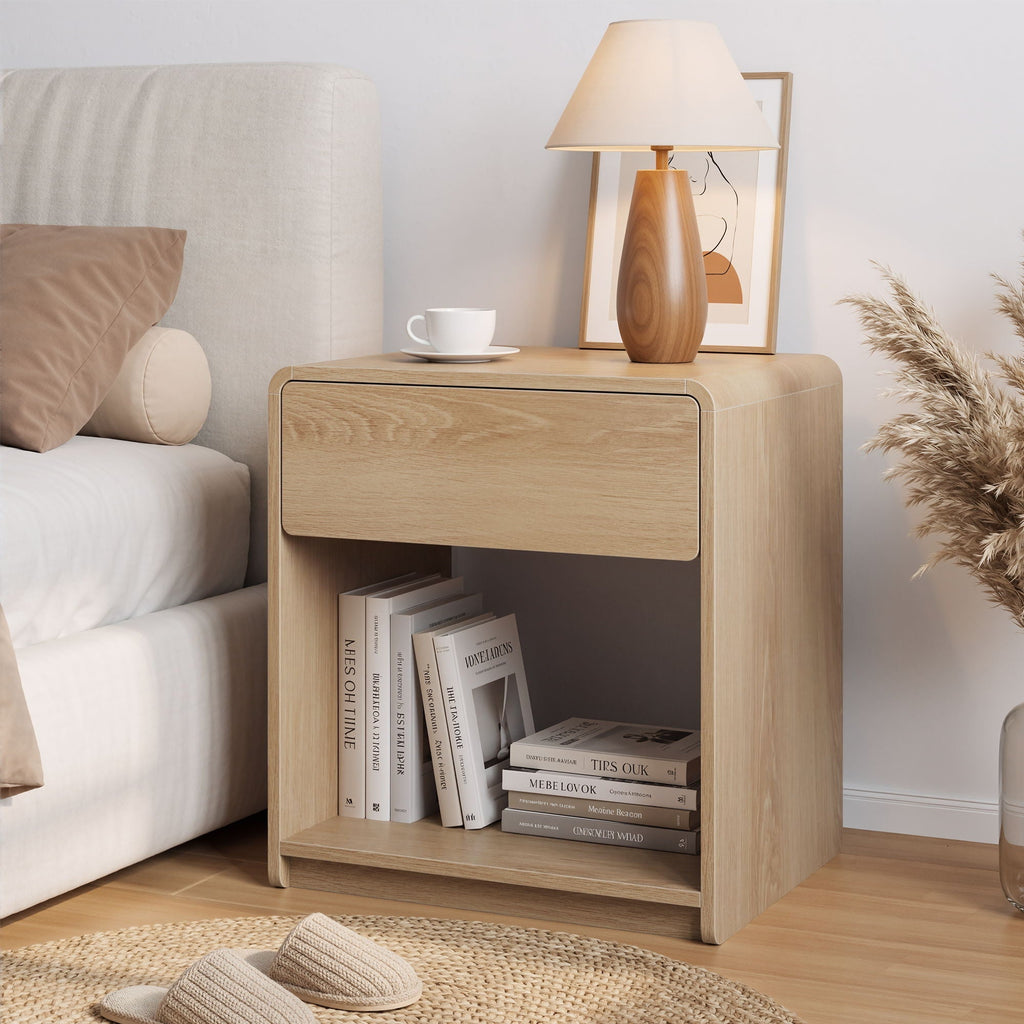 Bedside Table Set With Storage Drawers And Open Shelves, Compact With Rounded Corners (Set of 2) - Oak