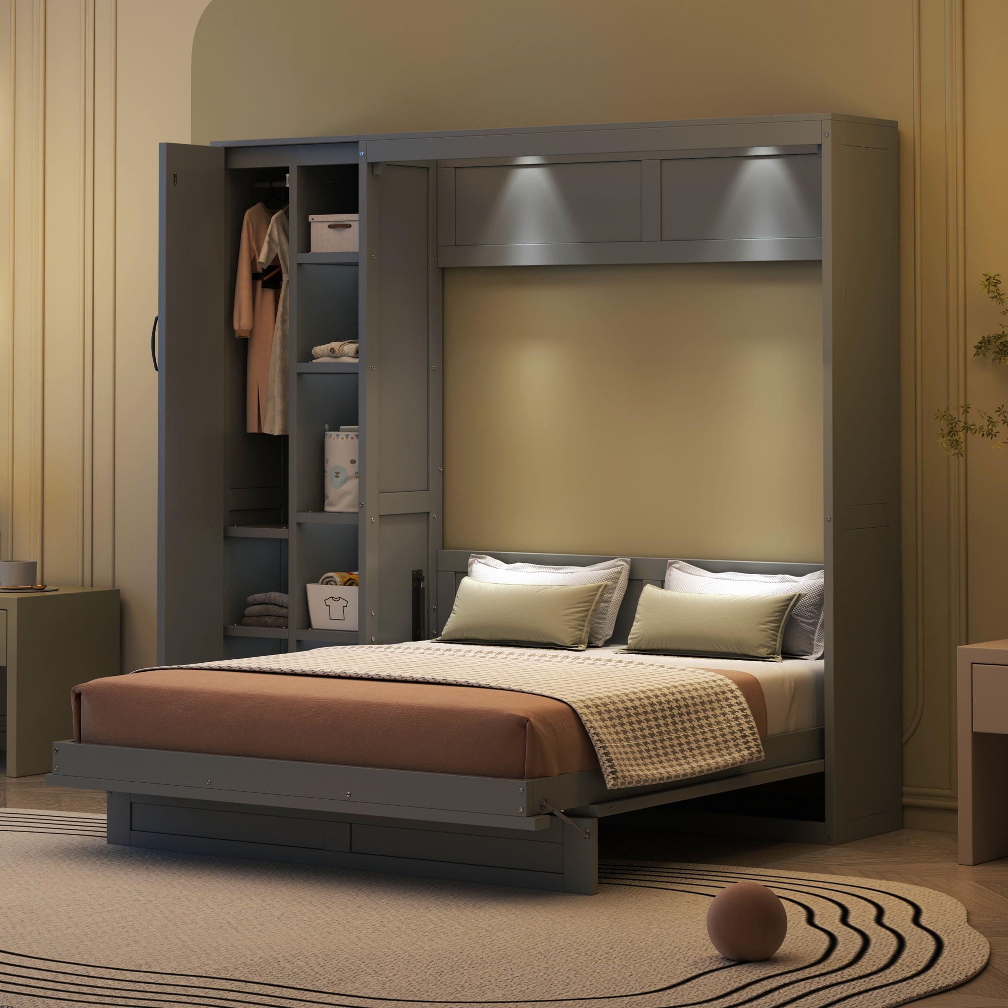 Murphy Wall Bed With Shelves, Wardrobe And LED Lights