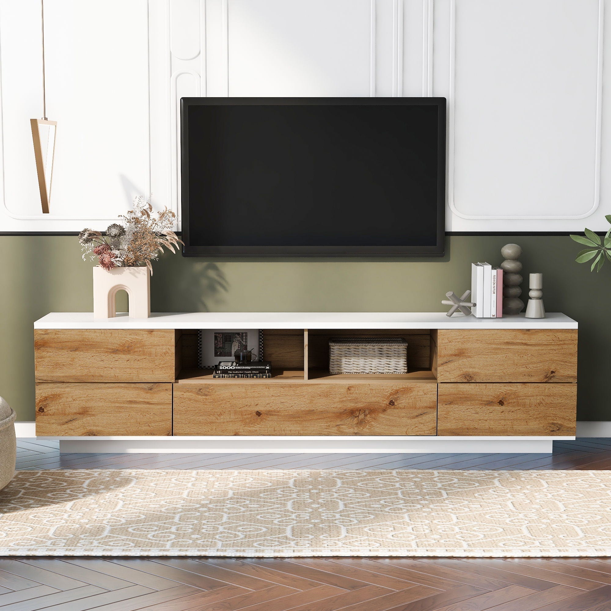 TV Stand Entertainment Center with Deep Drawers, Cable Management & Soft Closing Hinges
