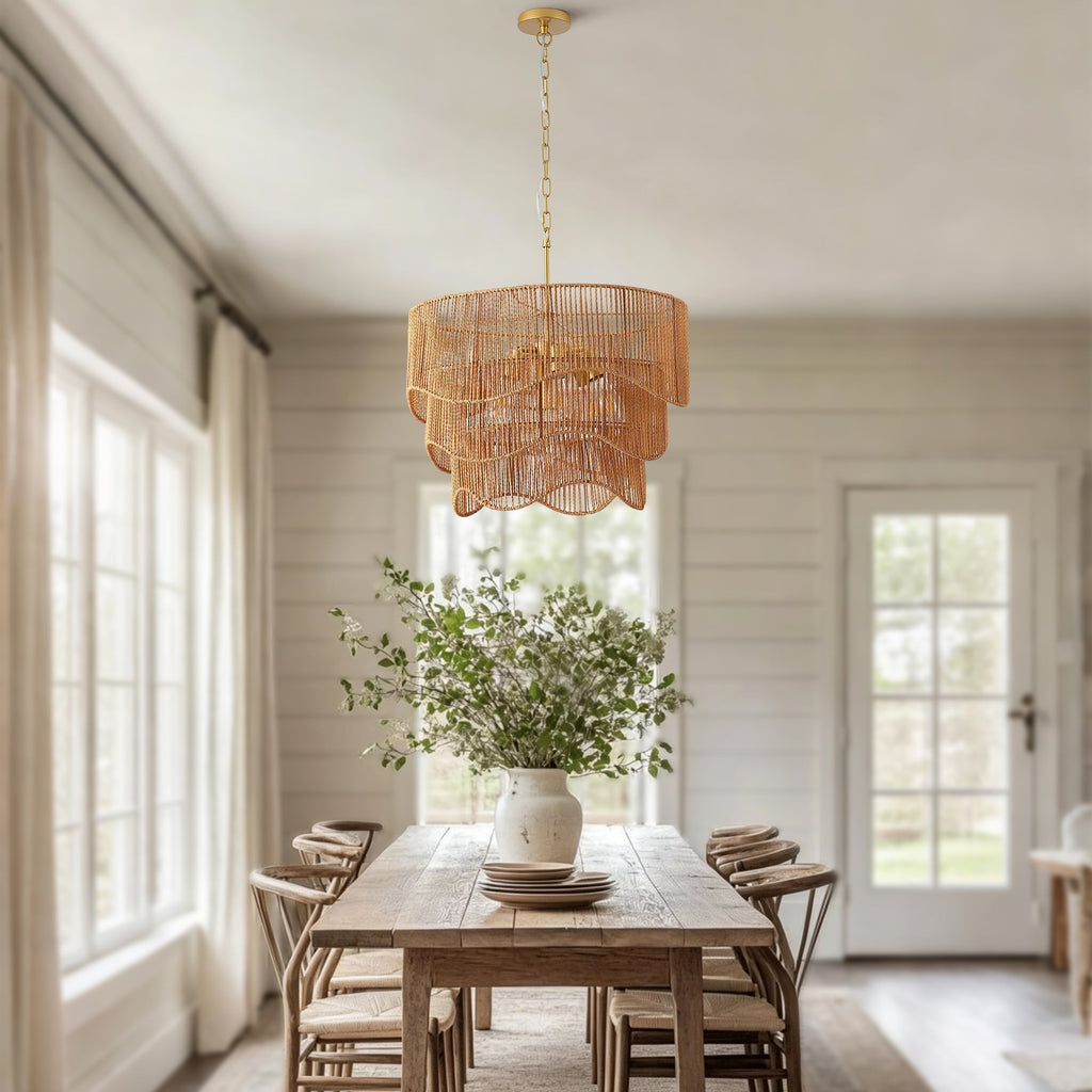 Handwoven Paper Rattan Boho Chandelier with 7-Light E26 Base