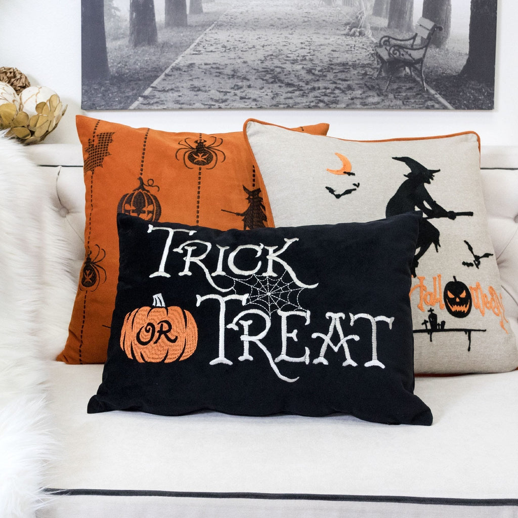 Halloween Lumbar Pillow – Embroidered ‘Trick or Treat’ Black Cushion with Insert