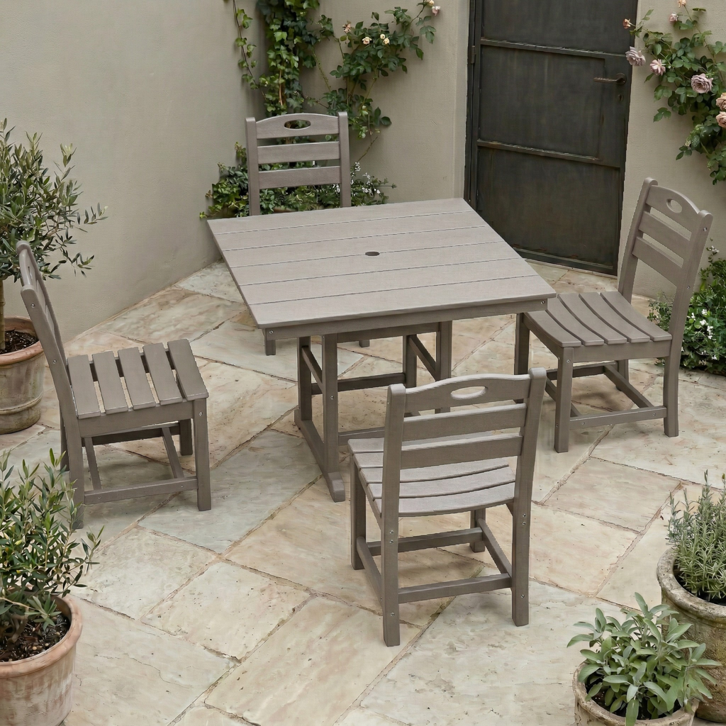 Antique Wood Color HDPE 5-Piece Outdoor Patio Dining Set with Square Table and 4 Armless Chairs, Umbrella Hole