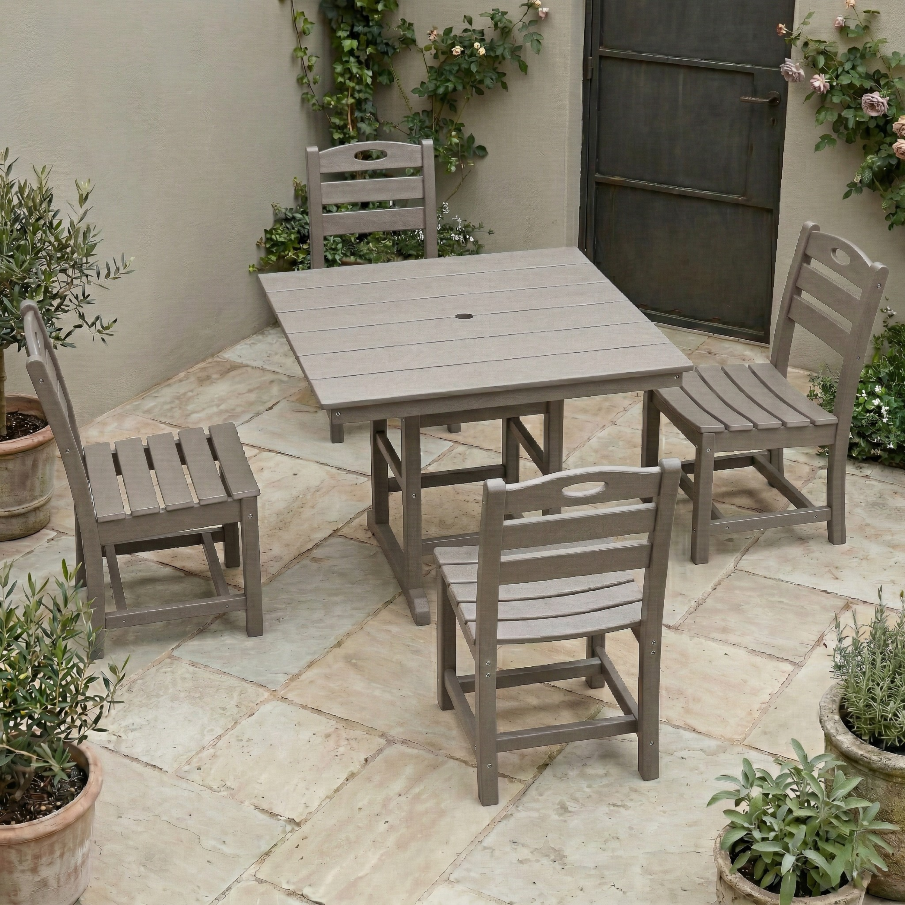 Antique Wood Color HDPE 5-Piece Outdoor Patio Dining Set with Square Table and 4 Armless Chairs, Umbrella Hole