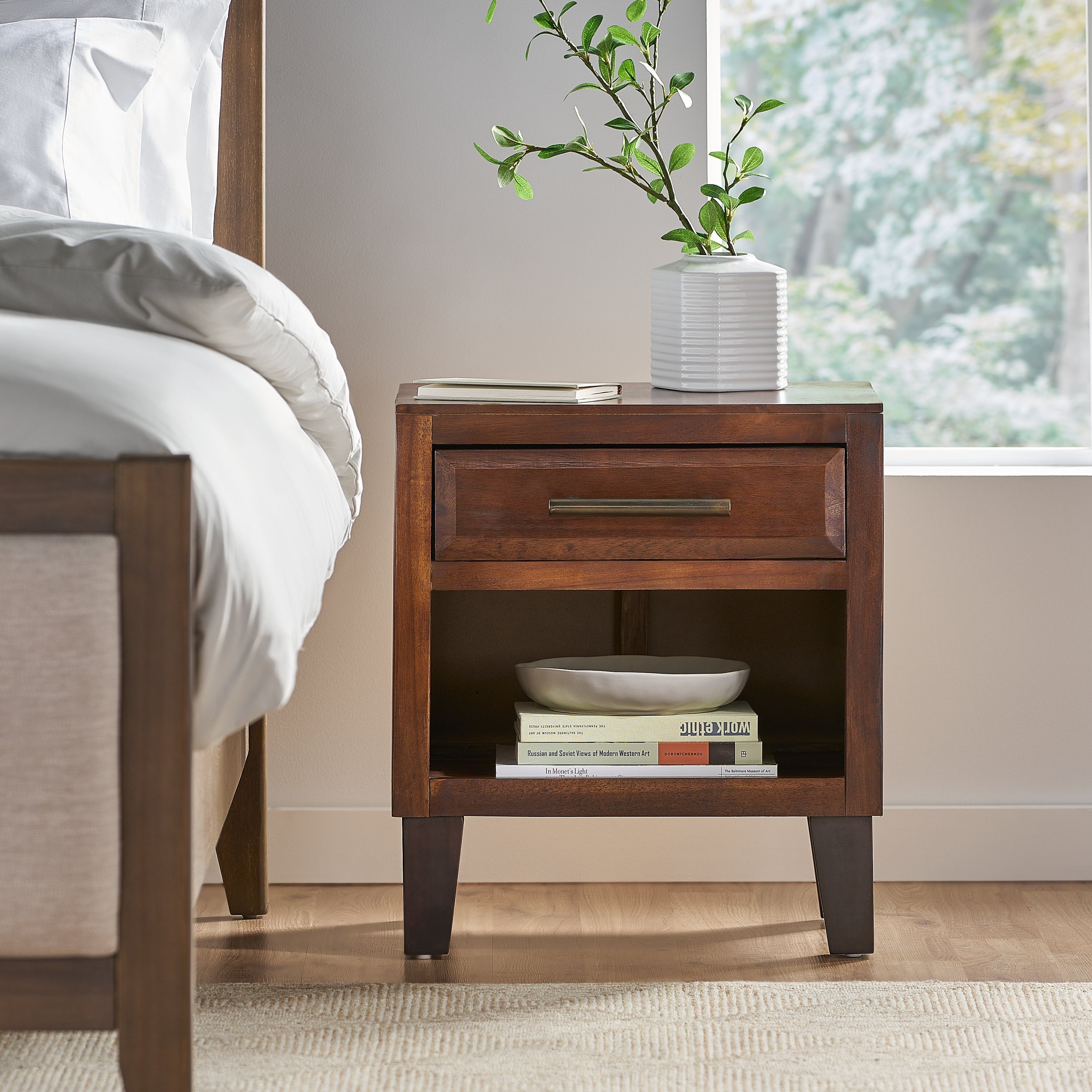 End Table in Brown Acacia Wood with Storage Drawer and Shelf
