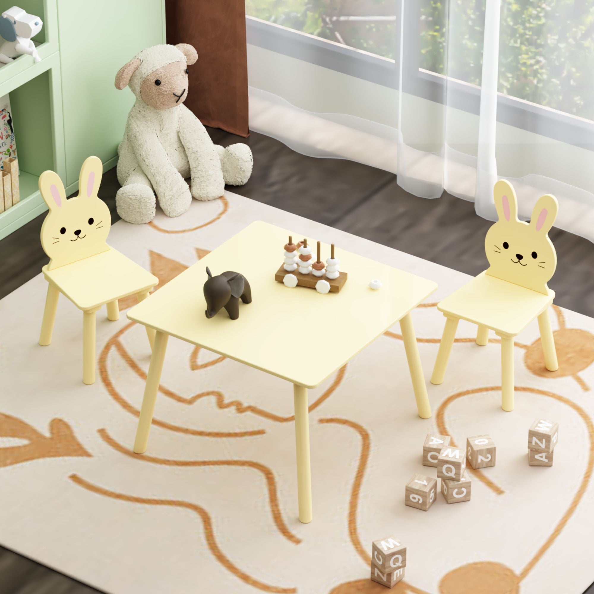 Table and Chair Set with 2 Bunny Chairs, Children's Activity Table for Toddlers