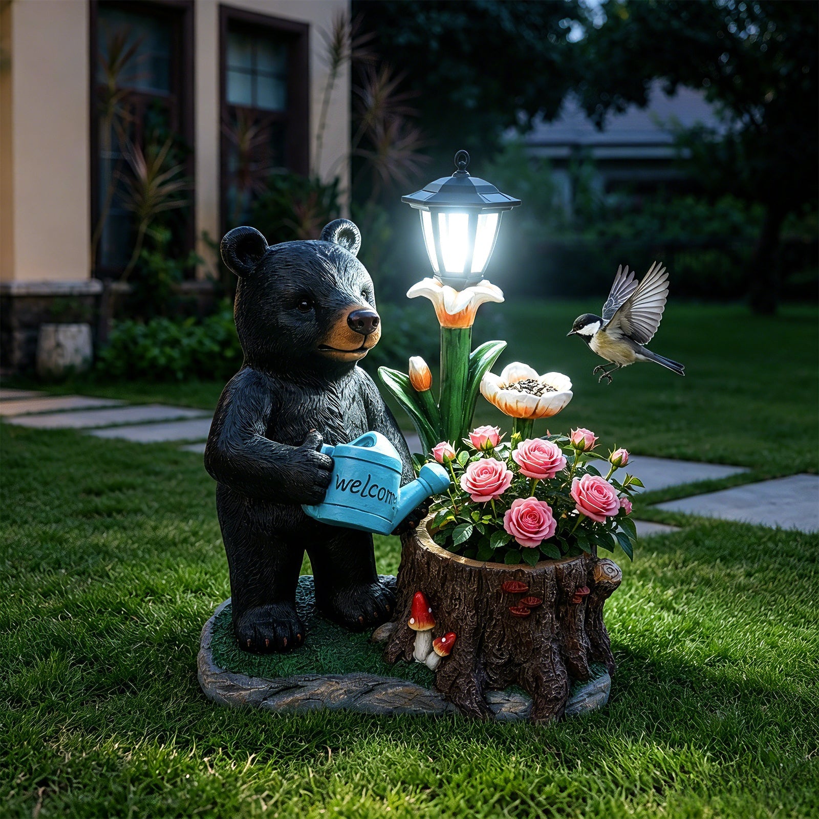 Standing Black Bear Garden Planter with Decorative Solar Lantern