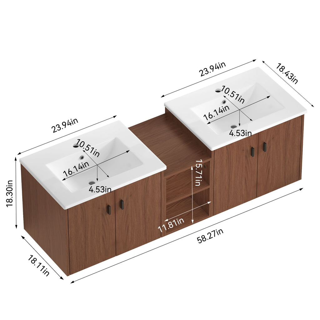 Soft Close Doors Bathroom Vanity With Small Storage Shelves, 24" And 12" Combination Cabinet - Reddish Brown