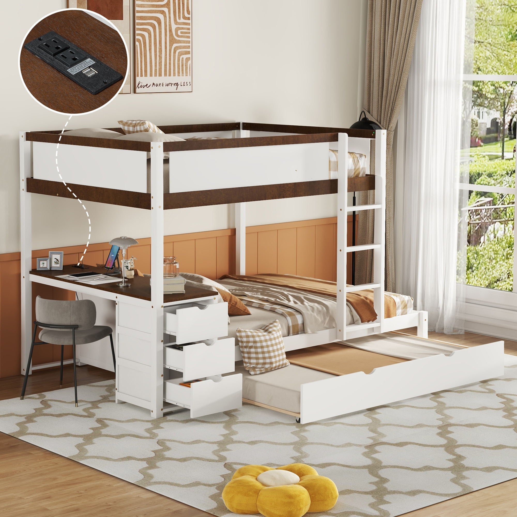 Bunk Bed With Twin Size Trundle, Storage And Desk