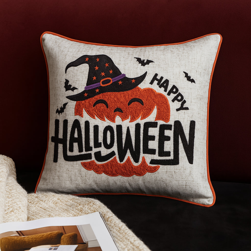 Embroidered Halloween Pumpkin Accent Pillow