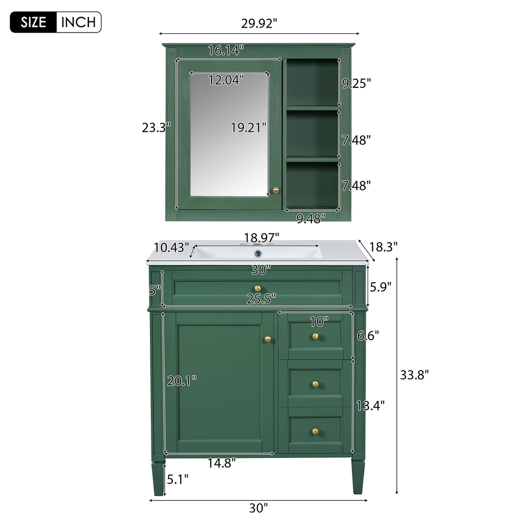 Bathroom Vanity With Top Sink, 2 Doors And 3 Drawers, Freestanding Set With Mirror Cabinet