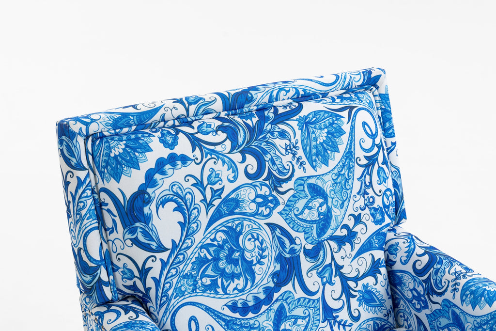 Upholstered Accent Chair with Blue and White Porcelain Print Linen Fabric