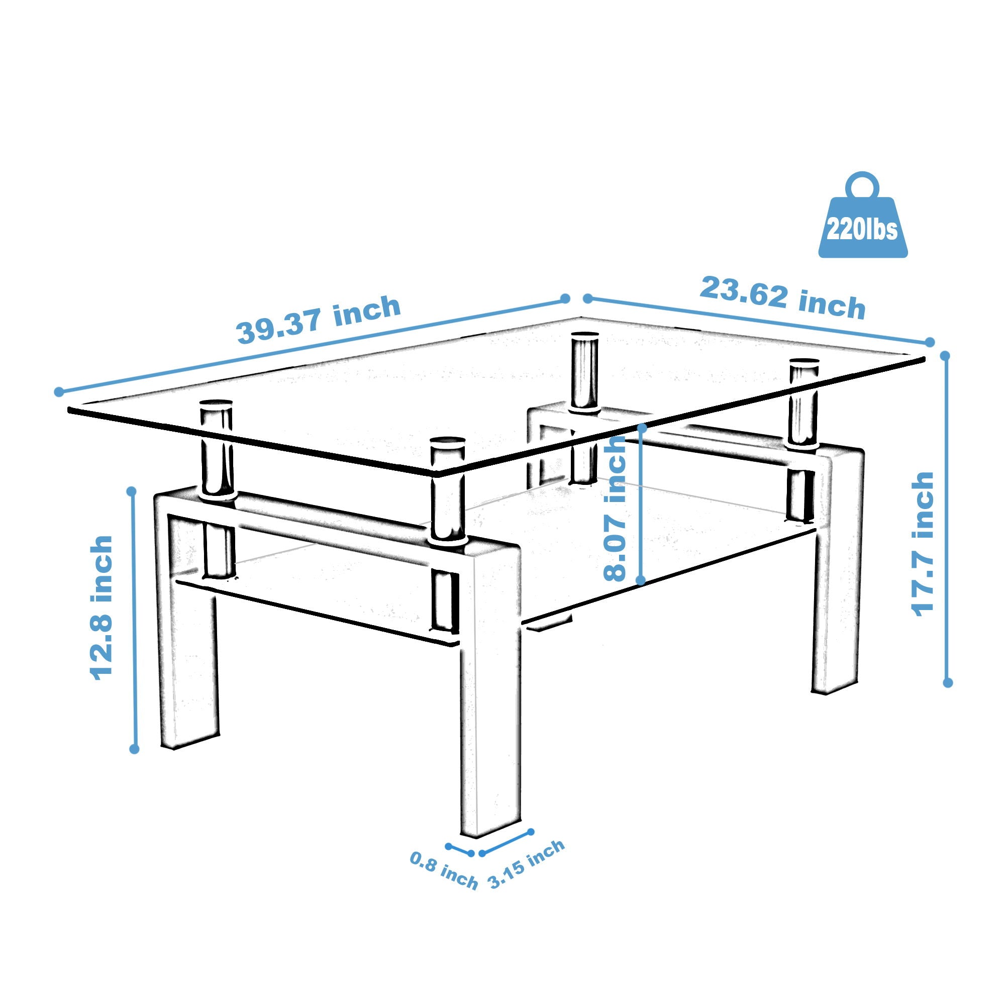 Modern Rectangular Coffee Table With Tempered Glass Top
