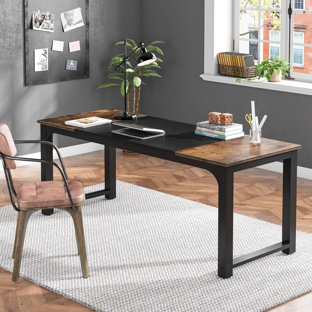 Executive Office Desk, Large Computer Workstation With Thick Frame - Brown / Black