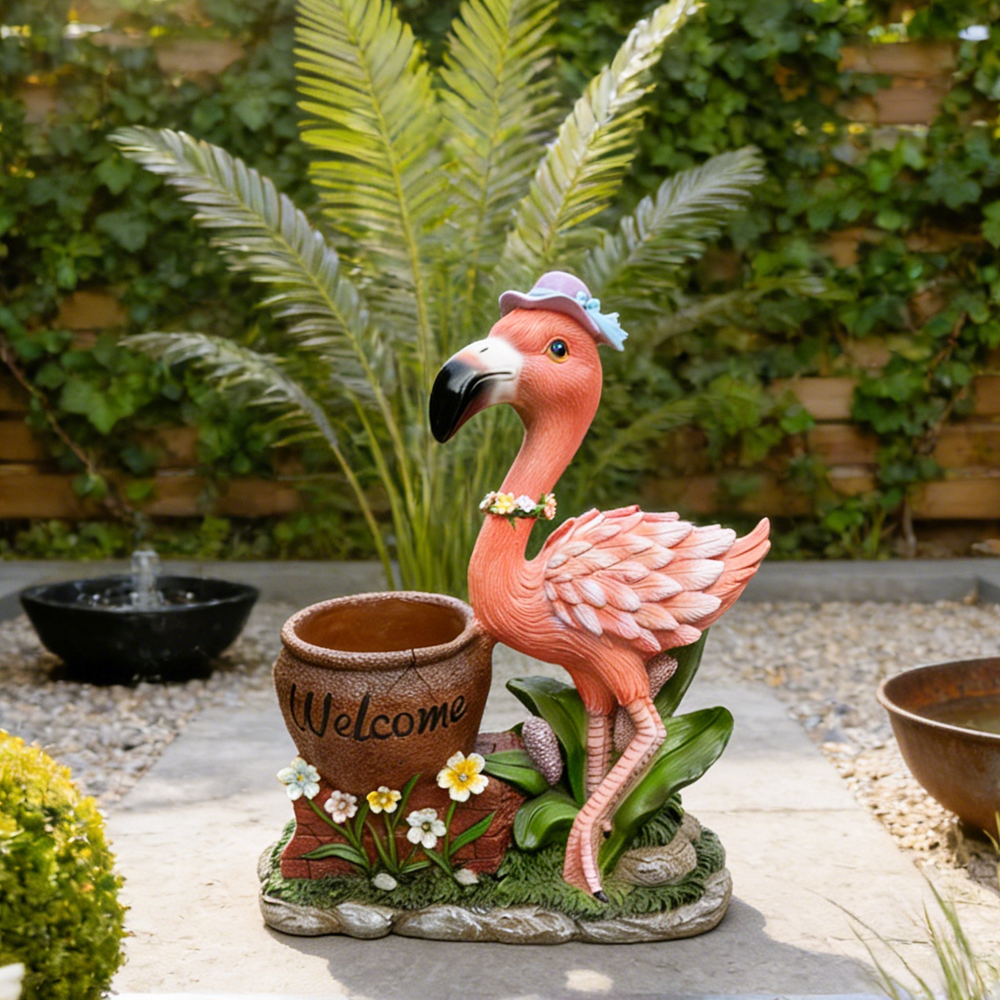 Outdoor Garden Sculpture Flamingo Flower Pot Planter