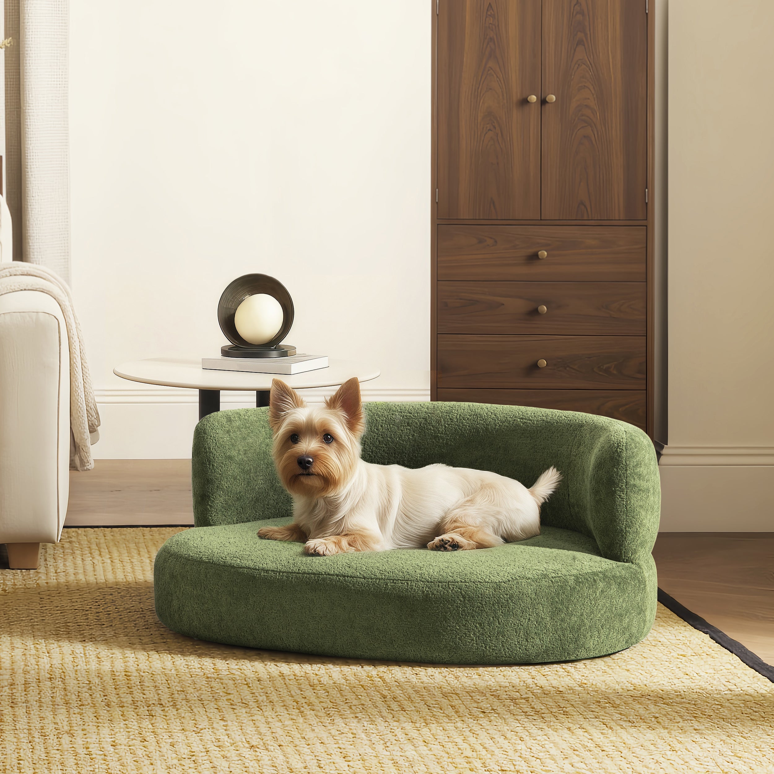 Shep 36' Curved Dog Sofa Bed Medium Moss Green Fleeced Teddy