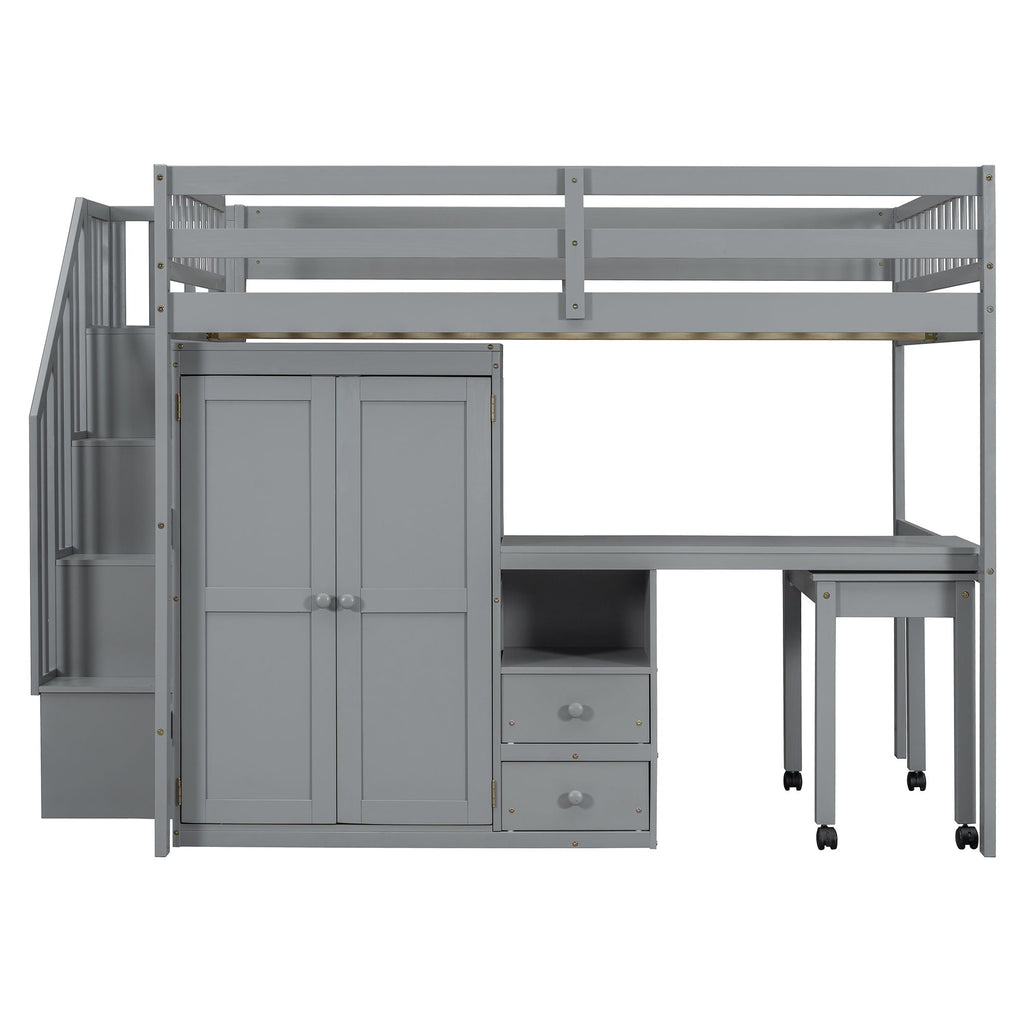 Loft Bed With Stairs, Bookshelf, Drawers, Desk & Wardrobe, Space Saving Multifunctional Furniture