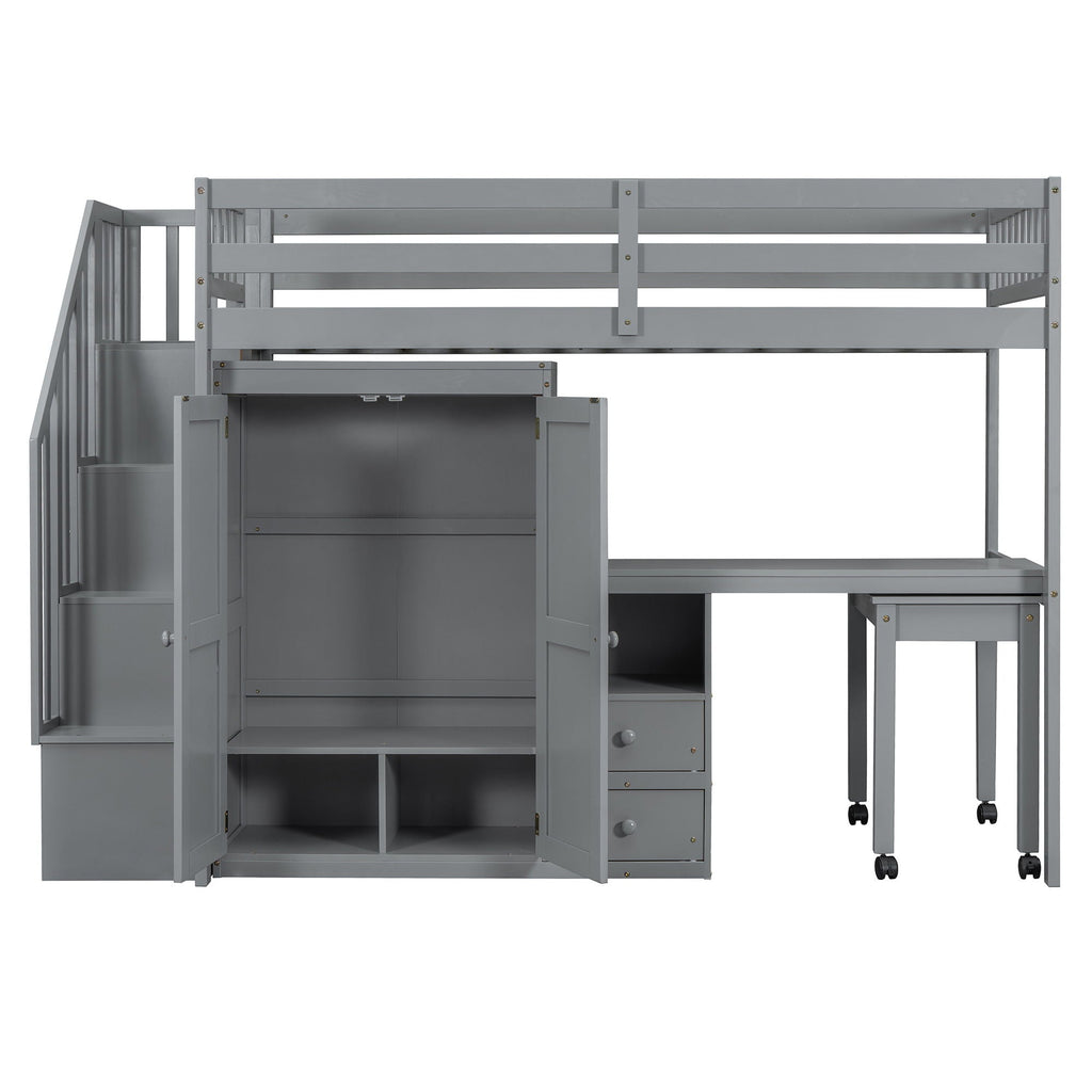 Loft Bed With Stairs, Bookshelf, Drawers, Desk & Wardrobe, Space Saving Multifunctional Furniture