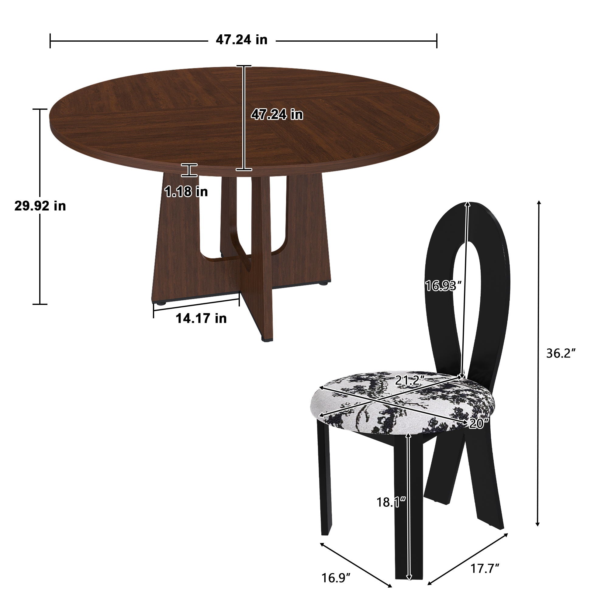 Round Dining Table For 4 With 4 Upholstered Chairs - Walnut / Black