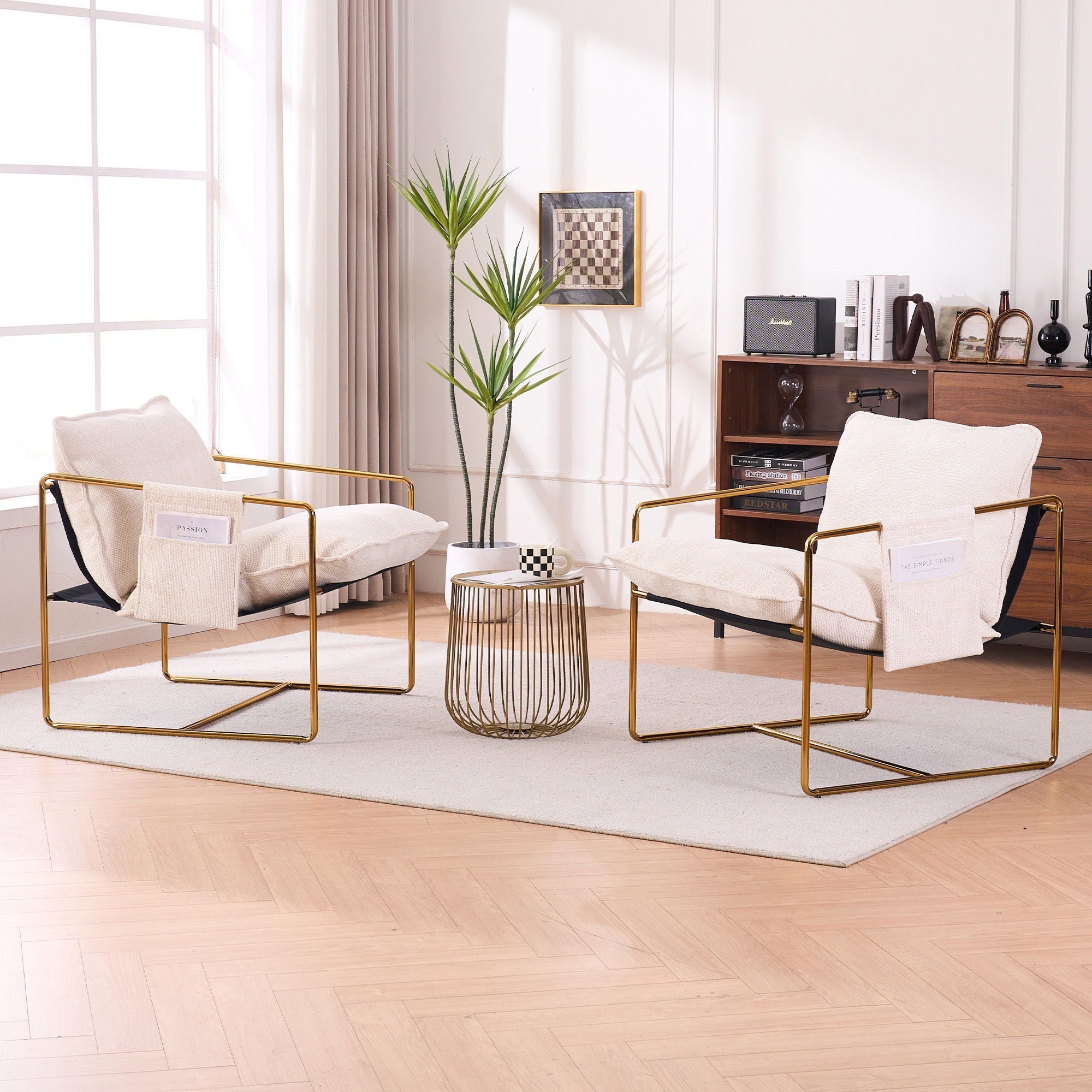 Upholstered Hanging Armchair With Arm Pocketsmetal Frame (Set of 2), Plated Craftsmanship, Crushed Foam Cushions And Skin-Friendly Woven Fabric For Living Room And Bedroom